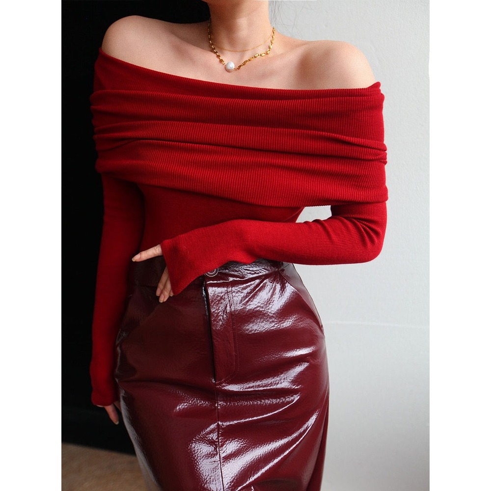 Commense Wool-Blend‎ Elegant Ruched Slim Sweater Red size S